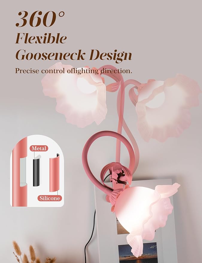 Flower Clip On Desk Lamp for Home and Dorm - Cute Floral Clip On Bedside Book Reading Light, Pink Flower Bunk Bed Lighting, Kawaii Led Flexible Gooseneck Table Lamp for Headboard with Clamp