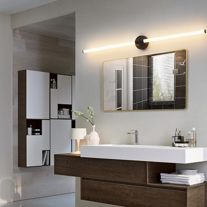 Bathroom Vanity Lights 47" Long LED Vanity Light Bar Black | 360° Bright Bathroom Lights, Dimmable Vanity Light, Hardwired Wall Light 3000K Warm White for Mirror