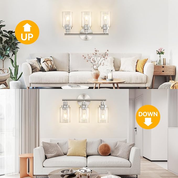 Vanity Wall Light Fixtures, Modern 3 Lights Wall Sconce with Clear Glass Shade, Brushed Nickel Farmhouse Wall Lamp for Bathroom Mirror Kitchen Porch Living Room Workshop (E26 Base) | Modern Wall Sconce with Clear Glass Shade, Brushed Nickel Farmhouse W...