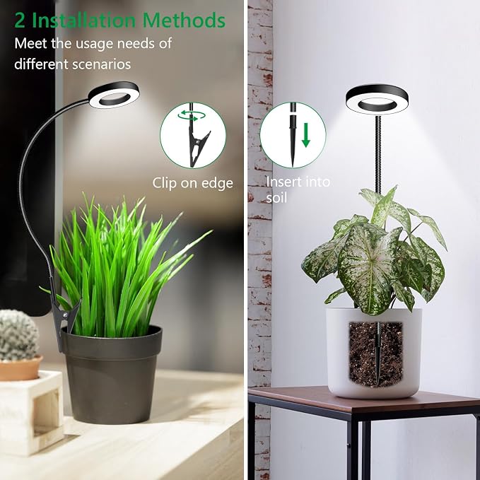 Clip on Grow Light Black for Indoor Growing, 48 LED Full Spectrum | Halo Plant Lamp with 6/12/16H Auto Timer, 5 Dimming, 3 Light Modes, 2 Installation Options Clip or Plug, 360° Gooseneck