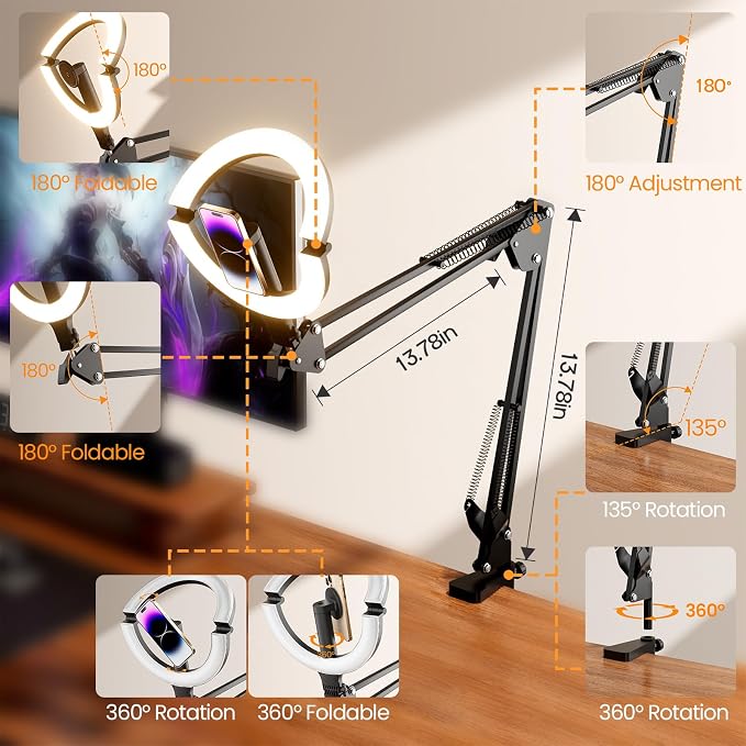 10" Magnetic Ring Light Overhead Camera Phone Mount, XINBAOHONG LED Selfie Light with Stand and Phone Holder, Rechargeable Desk Light for Video Recording