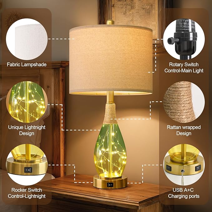 23" Table Lamps Set of 2,Farmhouse Lamps with Glass Nightlight, Bedside Lamps for Living Room, Rattan Lamps for Bedroom Nightstands, Two Light Points