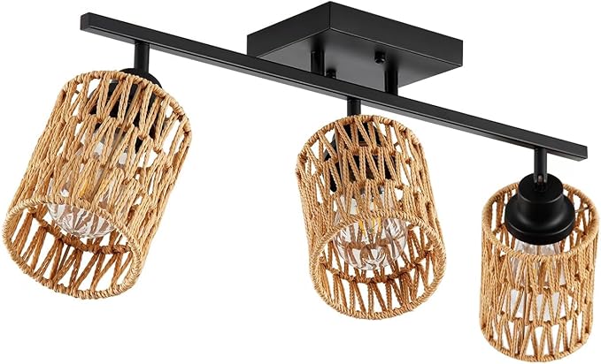 3-Light Rattan Ceiling Lighting Kits Track Lighting Fixture with Boho Farmhouse Style, Modern Bathroom Light Fixtures Black Spotlight and Rattan Shades for Kitchen Bathroom Living Room Hallway