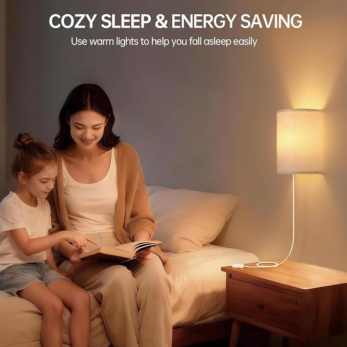 Shenmoyl Plug in Wall Sconces Set of Two Wall Lights with On/Off Switch - Stepless Color Temperature Wall Mount Lamps - Fabric Linen Wall Sconce for Bedroom Living Room - Indoor Corded Wall Sconces