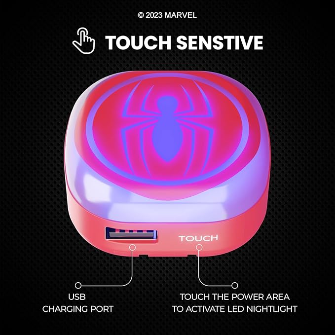 iJoy Marvel Spiderman Night Light with Touch LED and USB Charging Port- Spider Man Stuff/Spider-Man Gifts for Boys and Fans of Marvel- Foldable Plug and Build in USB Phone Charger- Spiderman décor