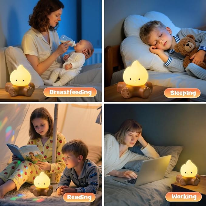 Campfire Night Light with Flickering Mode Dimmable Halloween Campfire Nightlight for Nursery Breastfeeding Cute Silicone Flame Light Rechargeable Touch Bedside Lamp for Halloween Bedroom Dorm Decor