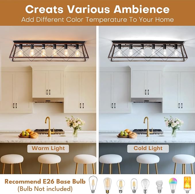 38" Large Brushed Bronze Flush Mount Ceiling Light for Kitchen | Vintage Industrial Kitchen Ceiling Light Fixtures with X-Shaped Metal Cage, 6-Light Farmhouse Large Flush Ceiling Lighting