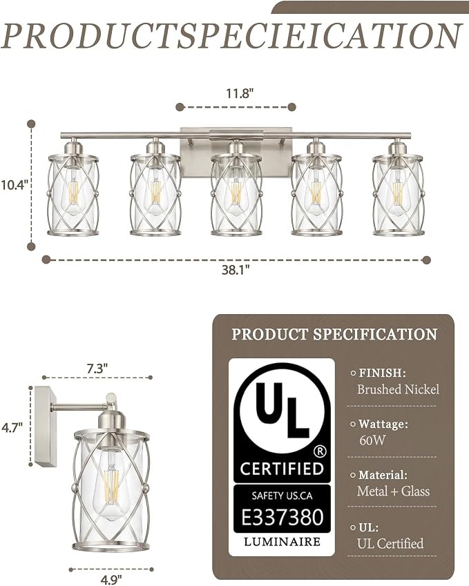 5-Light Brushed Nickel Bathroom Light Fixtures Over Mirror, 38" UL-Listed Modern Wall Sconce Lights with Clear Glass and Metal Cage for Bath, Hardwire E26, CH9176BN-5W
