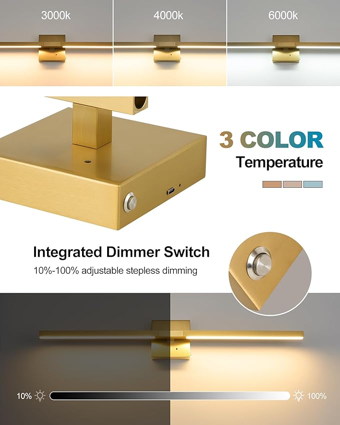 Rayogale Gold Battery Operated Wall Sconces with Remote Control | 3000/4500/6000K Dimmable 8000mAh Wireless Rechargeable Wall Sconces Set of Two with Timer for Living Room, Bedroom, 24 Inch