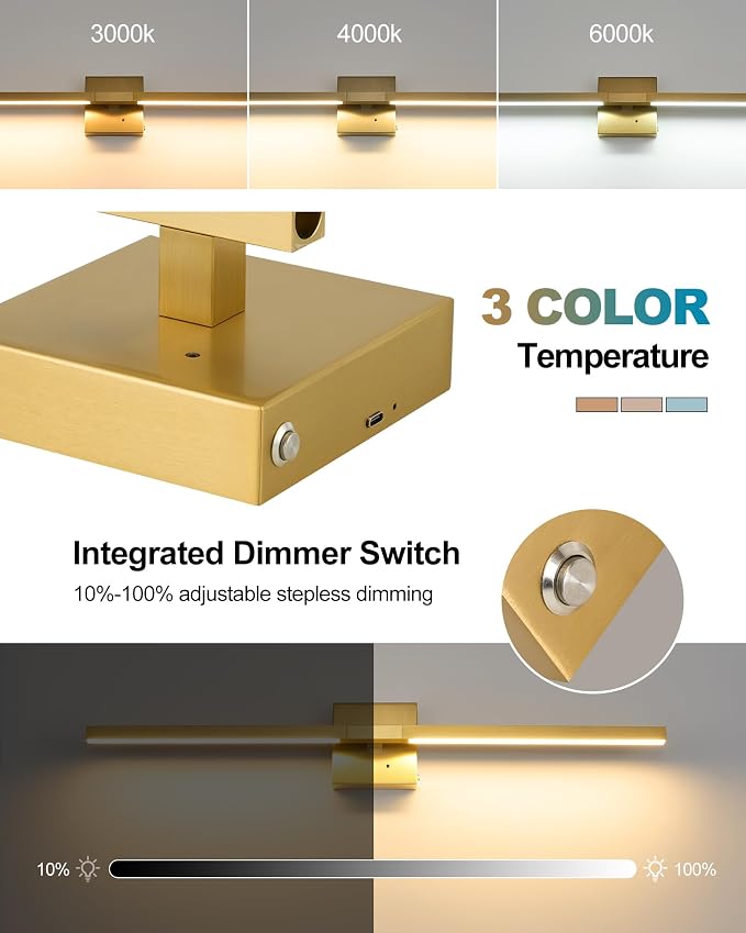 Rayogale Gold Battery Operated Wall Sconces with Remote Control, 32 Inch | 3000/4500/6000K Dimmable 8000mAh Rechargeable Battery Wall Sconces Set of Two with Timer for Living Room, Bedroom