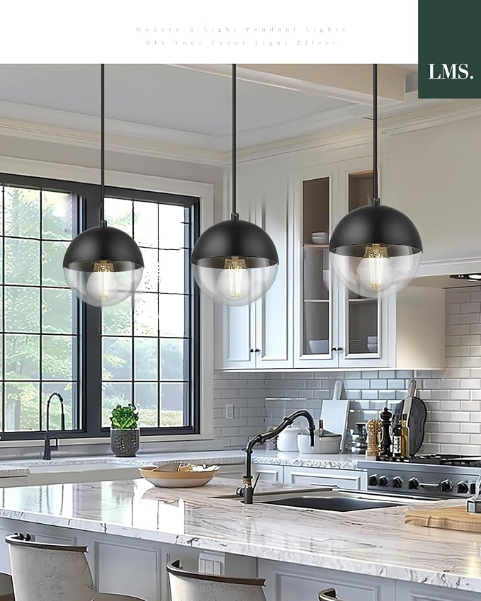 6-inch Modern Pendant Light, Matte Black Kitchen Pendant Light with Clear Globe Glass, Adjustable Hanging Farmhouse Pendant Light Fixtures for Dining Room Living Room Kitchen Island, LMS-186BKCS