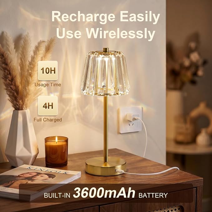 13" Small Crystal Cordless Table Lamp, Touch Rechargeable Desk Lamps | 3 Color Temps, Stepless Dimming, Gold Portable Battery Operated LED Table Lamp for Bedside, Nightstand, Kitchen, Patio, Decor