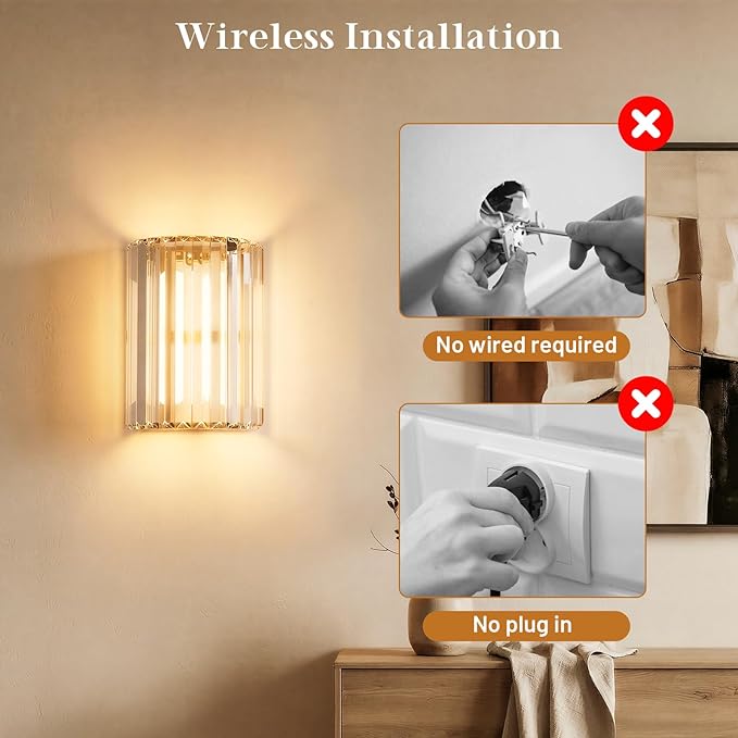Gold Battery Operated Wall Sconces Set of Two, Crystal Wireless Wall Lights with Remote, Rechargeable Cordless Wall Lamps 12 RGB and 3 CCT Dimmable Decor for Bedroom Living Room Hallway