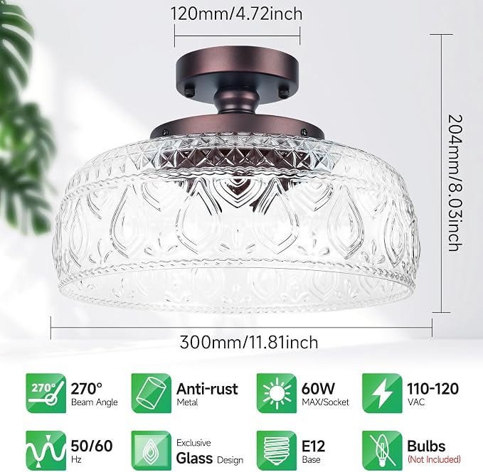 Modern 3-Light Glass Semi Flush Mount Ceiling Light Fixture Bronze | E12 Base, Dimmable, Vintage Globe Pendant Lamp for Kitchen, Hallway, Entryway, Bedroom, Living Room, Bulbs Not Included