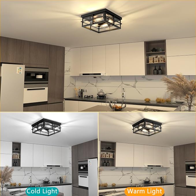 Asnxcju Black Flush Mount Ceiling Light, 4-Light Indoor Outdoor Light Fixtures for Porch with Clear Glass, 12 Inch Modern Close to Ceiling Lights for Bathroom, Covered Patio, Balcony, Foyer