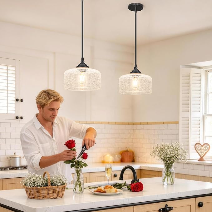 Black Vintage Pendant Lights Kitchen Island, Farmhouse Pendant Lights With Cracked Glass, Adjustable Hight & Angle Bathroom Hanging Lights Fixtures For Home Bedroom Hallway,Dining Room,E26 Socket