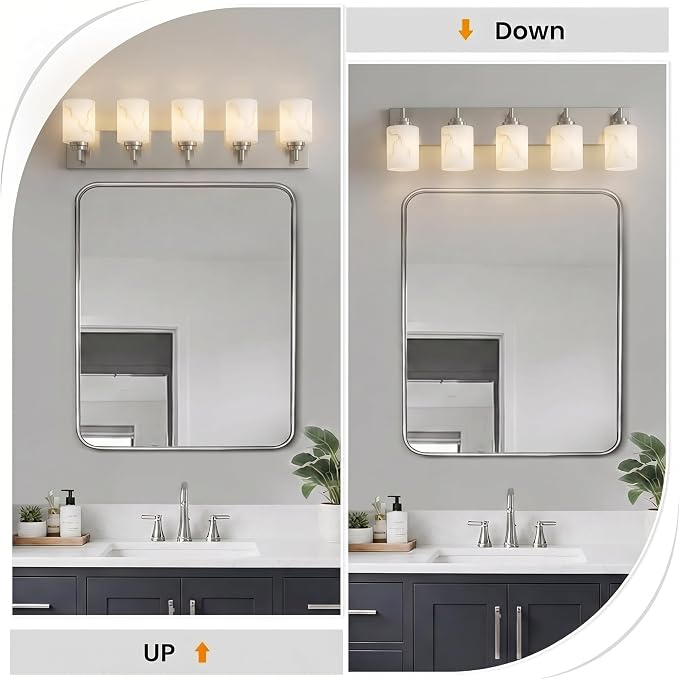 5-Light Bathroom Light Fixture, Brushed Nickel Modern Vanity Light with White Marble Glass Shade, for Bathroom Mirror, Living Room, Bedroom, Hallway, E26 Base, Extended Base