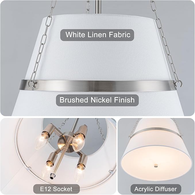 15" Brushed Nickel Drum Chandelier, Linen Pendant Light for Kitchen Island | Modern Transitional, White Linen Shade, 3 Side Chains, 4-Light, for Dining Room, Breakfast Nook, Adjustable Height, 15"W×28"H