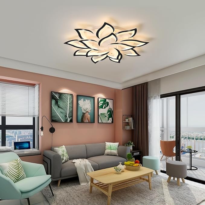 Garwarm 39.3" Modern LED Low Profile Flush Mount Ceiling Light, Dimmable | Black Acrylic Flower 14 Petal Ceiling Light with Remote, 3000K-6500K, Memory for Living Room,Primary Bedroom and Dining Room