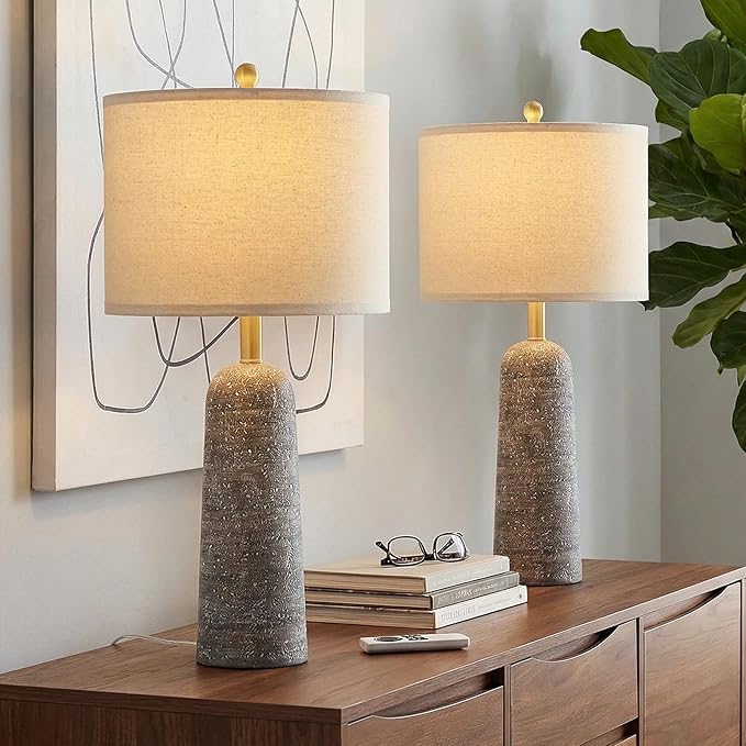 BOBOMOMO 27.25" Modern Table Lamp Set of 2, Light Grey Resin Table Lamps with Stone Look, Lamps for Living Room with Linen Shades, Bedroom Nightstand Lamps, Table Lamps for Living Room End Tables