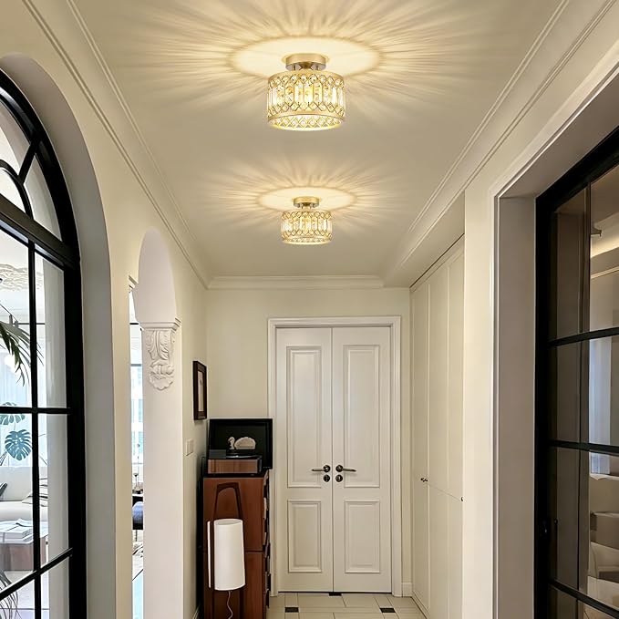 Pevfah Crystal Gold Ceiling Light, 1-Light Semi Flush Light Fixture, 9 Inch | Flush Mount Hallway Chandelier, Small Light Fixture Ceiling Mount, Modern Ceiling Lamp for Entryway Closet, Bulb Not Included