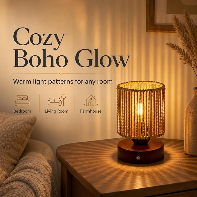 Cordless Rattan Table Lamp, 5000mAh Rechargeable Battery Operated Bedside Lamp with Edison Bulb, Stepless Dimmable Boho Cylinder Desk Light for Bedroom Living Room