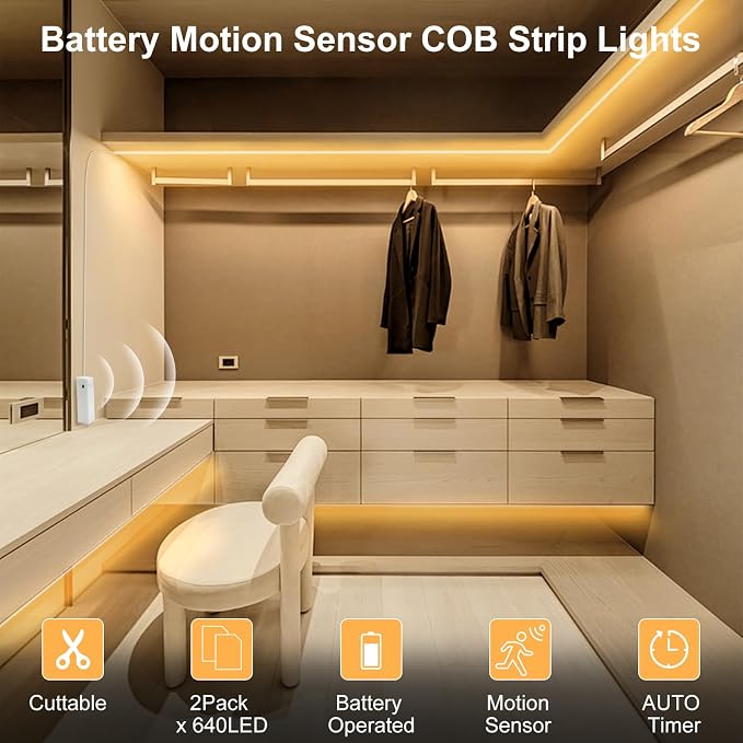 2 Pack Battery COB Motion Sensor Strip Lights with Day & Night Modes | 6.6Ft 640 LED Under Cabinet Flexible Tape Lights for Bedroom Kitchen Stair Shelf, 2700K Warm White