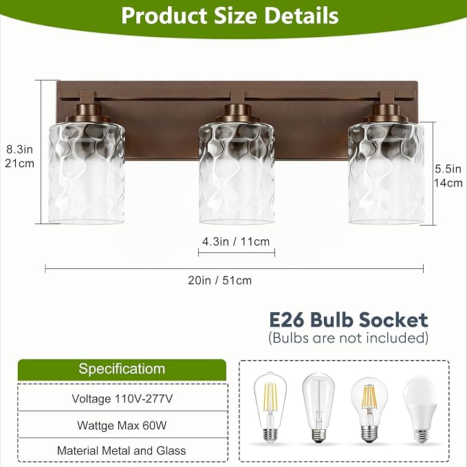 Modern Bathroom Lighting Fixtures Over Mirror, Vanity Lights for Bathroom, Wall Sconces with Clear Glass Shades, E26 Ceramic Socket, 3-Light 19.7-inch Oil-Rubbed