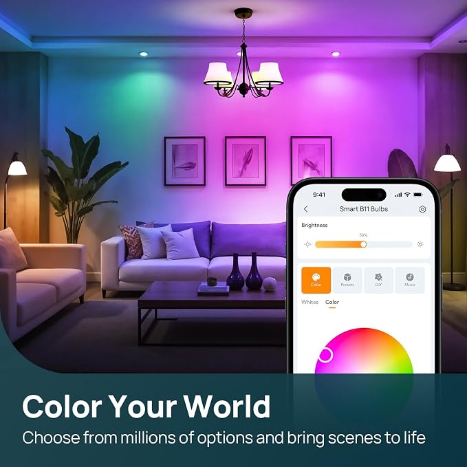 Linkind Matter E12/E26 Led Bulb, Color Changing Smart Light Bulbs, 4 Pack | Works with Alexa/Apple Home/Google Home, 500LM Candelabra Light Bulbs for Chandelier, 2.4G WiFi, with E26 to E12 Adapters