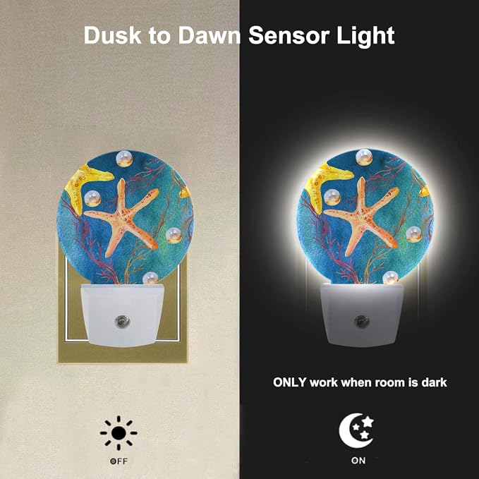 EKOBLA Seashell Pearl and Starfish Night Light, Summer Teal Blue Night Lights Plug Into Wall with Dusk to Dawn Light Sensors, Coastal Nightlights for Bedroom, Bathroom