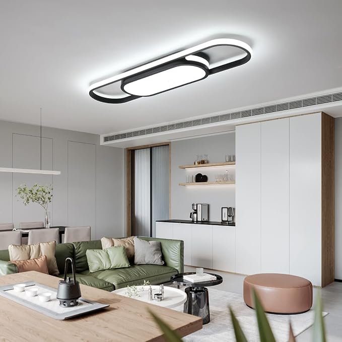 Tioolo Modern LED Ceiling Light, 27.5in Dimmable Linear Fixture with Remote | 3000K-6500K Flush Mount Ceiling Light, Black Acrylic Long Ceiling Light, Memory for Kitchen, Bedroom, Hallway, Closet, 40W