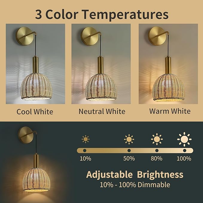 Boho Battery Operated Wall Sconce Set of 2 with Remote, Rechargeable Rattan Wireless Sconces - Dimmable for Bedroom, Living Room, Entryway (Gold)