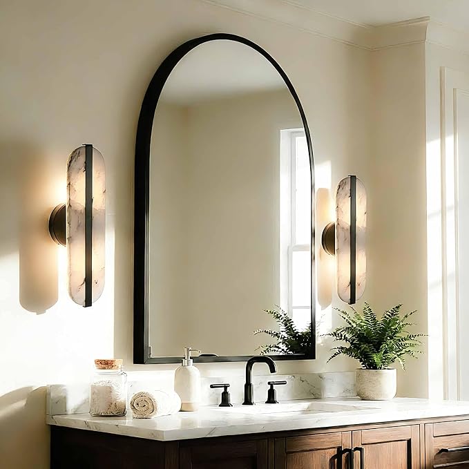 15.7in Natural Alabaster Wall Sconce Oval Marble Sconce Lighting | Black Bathroom Vanity Light Modern Stone Wall Lamp Hardwired Wall Mount Light for Bedroom Living Room Hallway Restaurant
