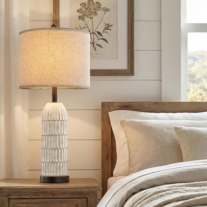 26.5" Bedside Table Lamps Set of 2, Farmhouse Table Lamp with USB A+C Charging Ports,Vintage Nightstand Lamp for Bedrooms and Living Rooms, Retro Resin End Table Lamp with Linen Shade,Black