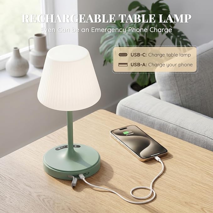 Waterproof Shower Lamp Outdoor Cordless Table Lamp, 3-Color Dimmable -Green | 4000mAh, touch, weighted base, bathroom shower light, patio dinner, RV camping, charge your phones, memory night light