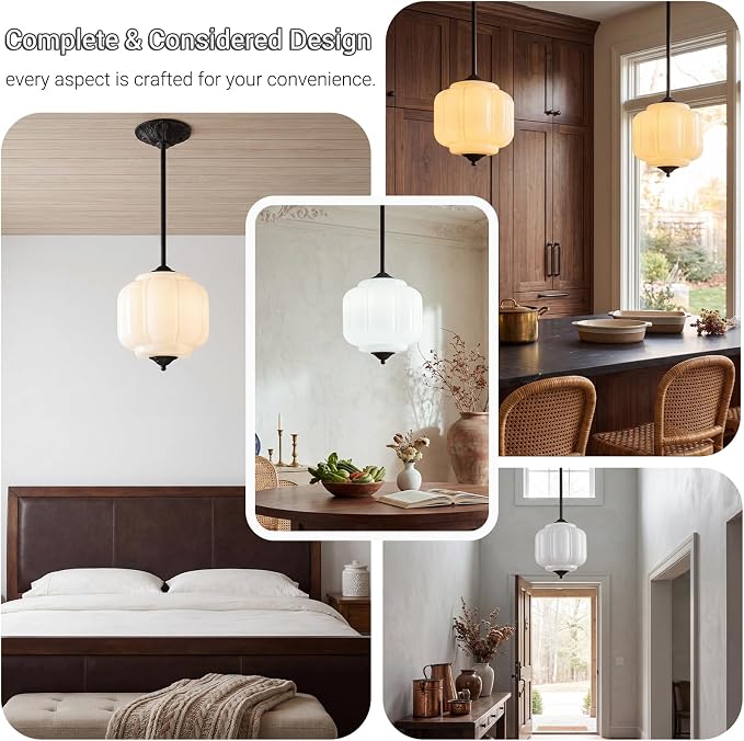 LOUSACE 10 Inch Vintage Milk White Glass Ceiling Light Fixture, Semi Flush Mount Pendant Lights with Black Aluminium Base for Kitchen Hallway Bedroom Dining Room - E12 Bulb Included