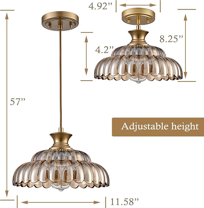HYDELITE Vintage Amber Glass Pendant Light with Adjustable Hanging Cord | Modern Gold Kitchen Island Pendant Light Fixture Adjustable for Dining Living Room Restaurant Entryway