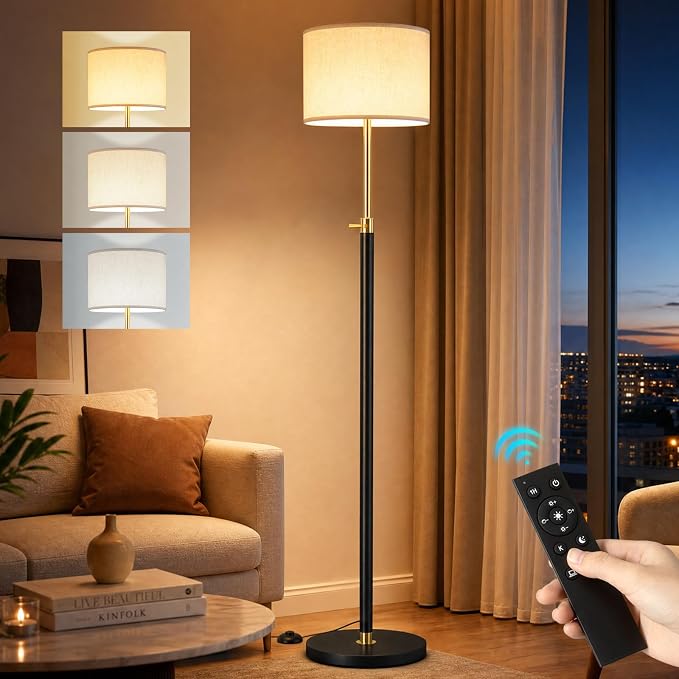 Floor Lamp Height Adjustable with Remote for Living Room and Bedroom Black | 55"- 67" Height Adjustable Black Standing Lamp with Dimmable 12W LED Bulb - Tall Stand Light with Shade for Corner Lighting