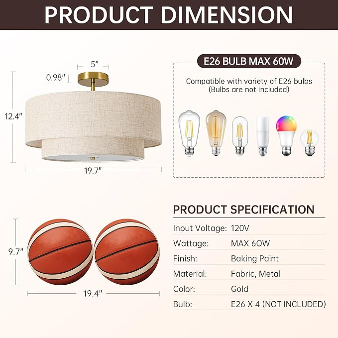 19.7" Semi Flush Mount Ceiling Light, 4-Light Drum Ceiling Light Fixture | 2-Tier Fabric Linen Shade Design, Modern Classic Style, for Dining Room, Living Room, Bedroom, Hallway, Entryway, Brass Gold