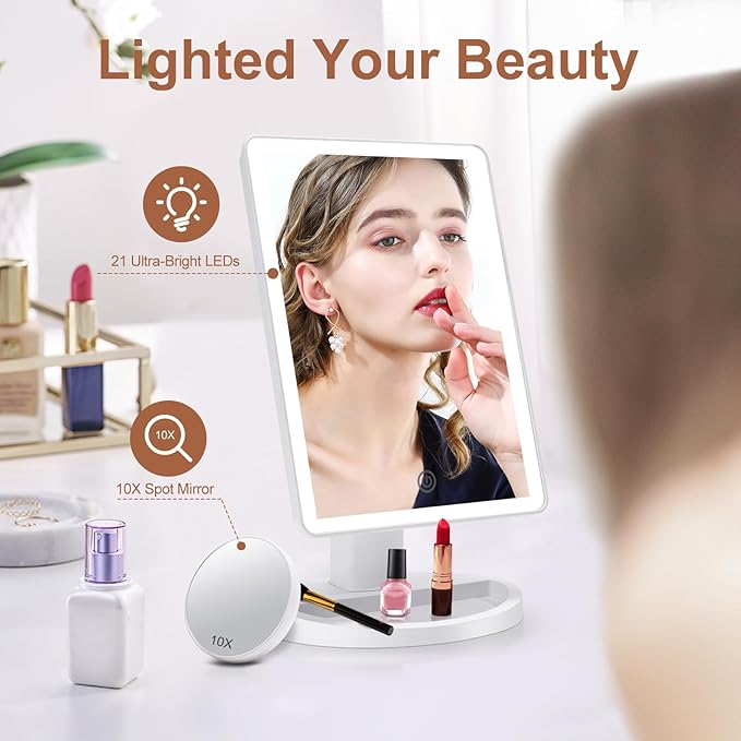 COSMIRROR Makeup Vanity Mirror with 3 Color Lighting, Lighted Makeup Mirror with 72 LED Lights and 10X Magnifying Mirror, Dual Power Supply, 180 Degree Rotation Cosmetic Tabletop Light up Mirrors