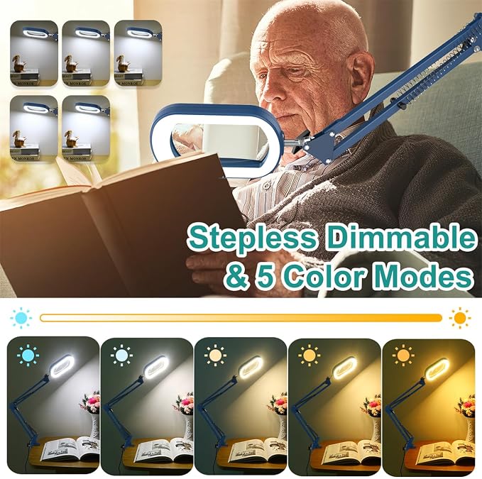 IVMAIE 12X Rectangle Magnifying Glass with Light, 5 Color Modes Stepless Dimmable Magnifier with Stand, LED Lighted Clamp Desk Lamp with Swing Arm, Hands Free for Reading Painting Close Work - Blue