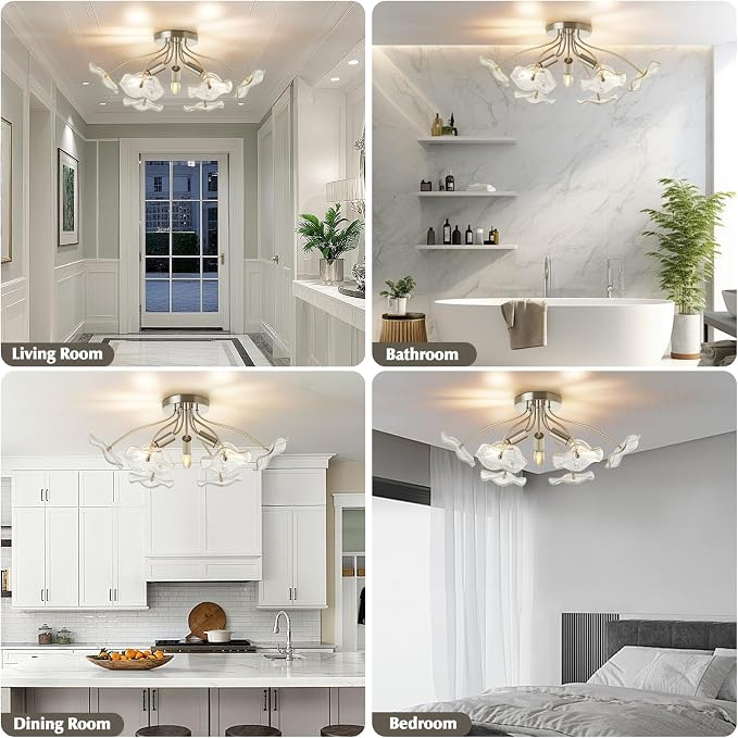 Luvkczc Semi Flush Mount Ceiling Light, Brushed Nickel Ceiling Light Fixture, Modern Floral Glass Lighting for Kitchen Entryway Hallway Bathroom Bedroom Foyer, 3 Light E12 Socket