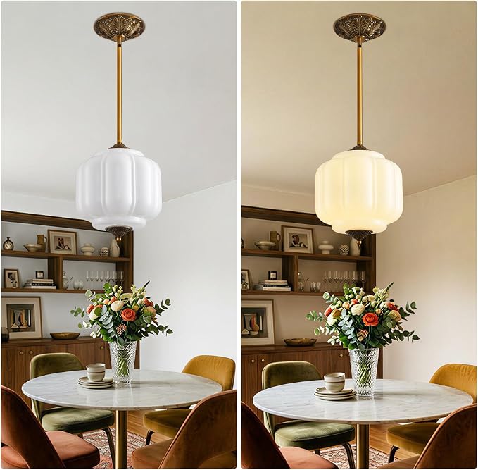 LOUSACE 10 Inch Vintage Milk Glass Ceiling Light Fixture, Semi Flush Mount Pendant Light with White Glass Shade, Ceiling Light for Kitchen Hallway Dining Room Bedroom (Bulb Included)