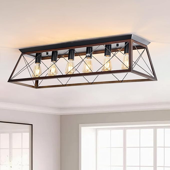38" Large Brushed Bronze Flush Mount Ceiling Light for Kitchen | Vintage Industrial Kitchen Ceiling Light Fixtures with X-Shaped Metal Cage, 6-Light Farmhouse Large Flush Ceiling Lighting