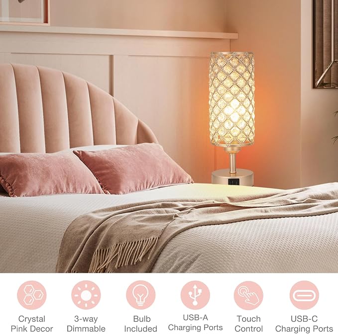 Crystal Table Lamp with USB C+A Ports, 3 Way Dimmable Touch Lamp with Crystal Shade, Champagne Gold Bedside Nightstand Small Lamp for Living Room Bedroom Home Office