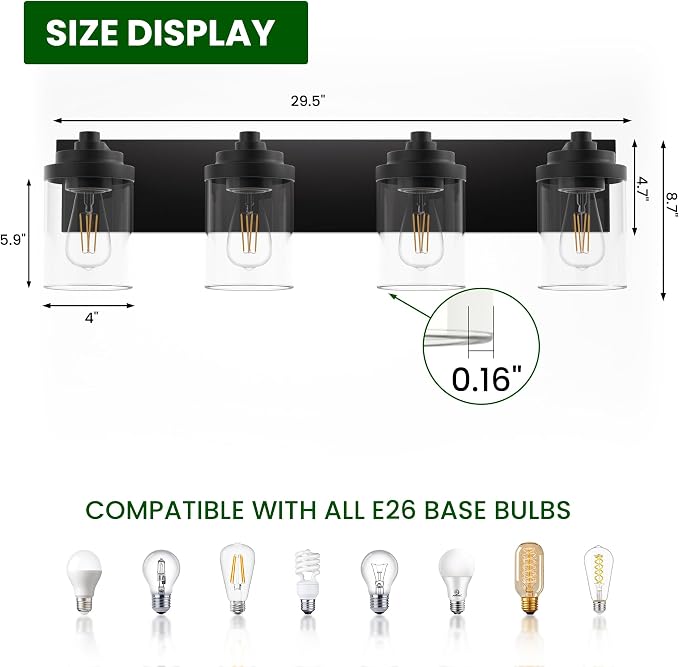 Bathroom Vanity Light Fixture, 4-Light Modern Black Vanity Light Fixtures with Clear Glass Shade, Matte Black Bathroom Light Fixtures Over Mirror, Rustic Restroom Lighting Fixtures