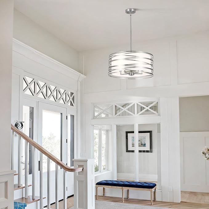 ACNKTZ 19.7'' Brushed Nickel Drum Chandeliers for Dining Room, 5-Lights Kitchen Chandeliers Over Table, Entryway Light Fixture Hanging, Industrial Round Chandelier for Living Room Stairwell Bedroom