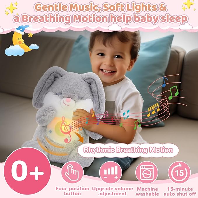 Breathing Stuffed Animal, Soothe Snuggle Bunny Plush, Sleep Buddy Soothing Stuffed Bunny for Anxiety Adults and Kids, Volume Control Easter Bunny Gifts with Realistic Breathing and Lights Music