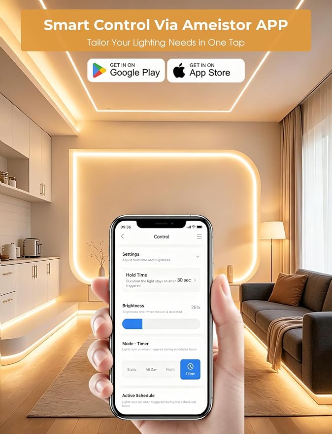 Smart Plug-in Dual Motion Sensor COB LED Strip Light for Under Bed, Under Cabinet, Hallway, Closet, 19.6ft APP Control, 3000K Warm White