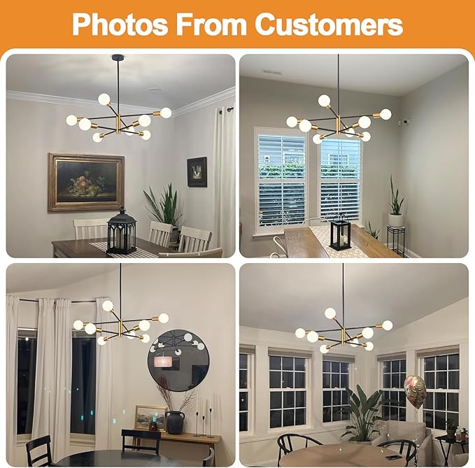 Sputnik Chandeliers Dining Room Light Fixture (8-Light, 30-Inch), Modern Brushed Gold and Black Chandelier, Height Adjustable Mid Century Modern Chandeliers for Dining Room (Bulbs Not Included)